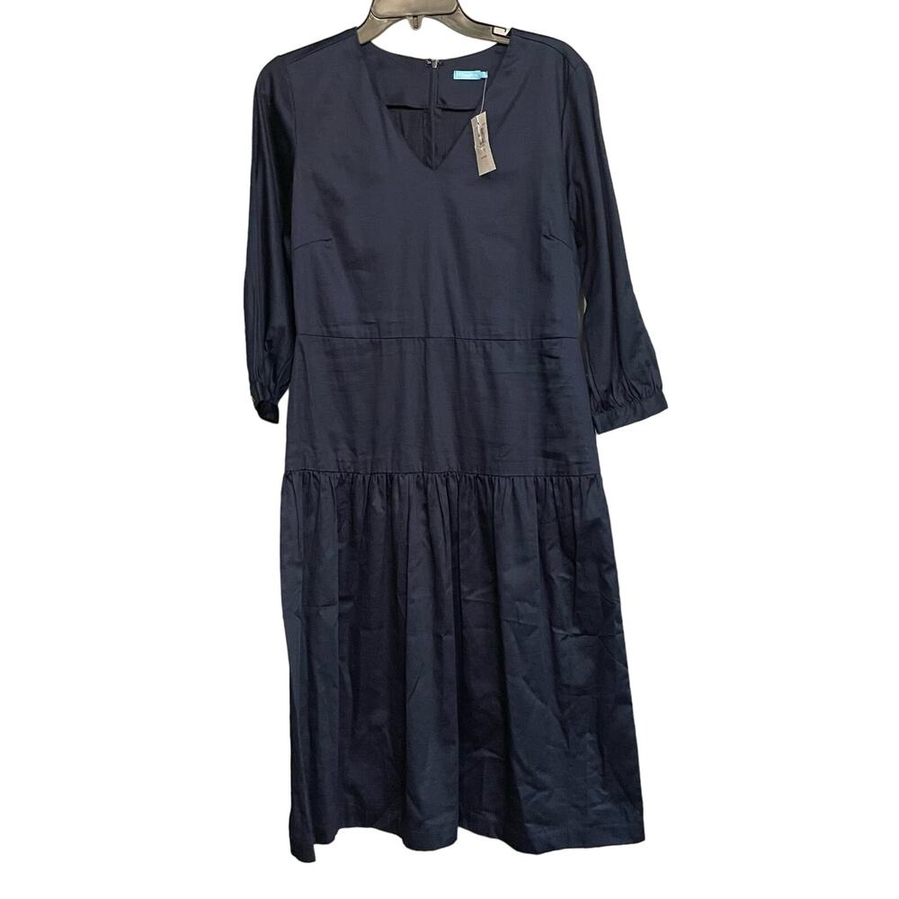 J Mclaughlin Dara Dress Sz S‎ Midi Navy V Neck Ruffle Hem 3/4 Sleeve NEW Classy